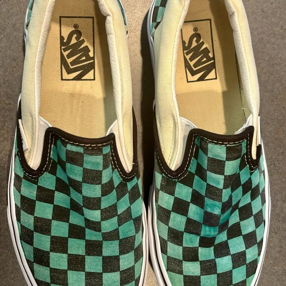 ~~VANS Slip On Skate Sneakers Green/Black Checkered Shoes Men’s 7.5 Womens 9.0 - Picture 3 of 7
